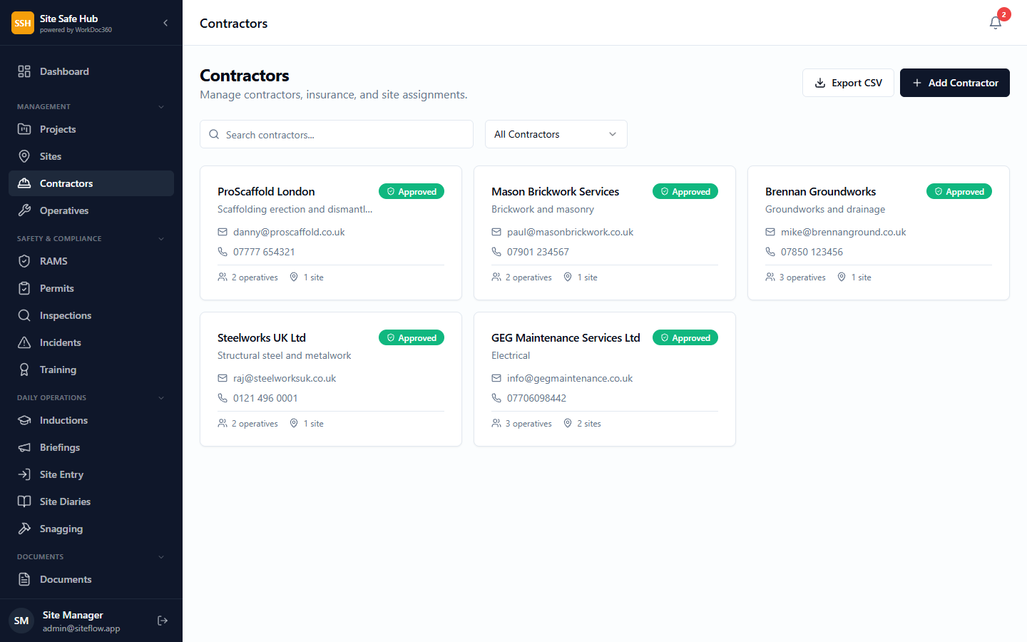 Contractor management dashboard showing compliance status, insurance details, and operative counts