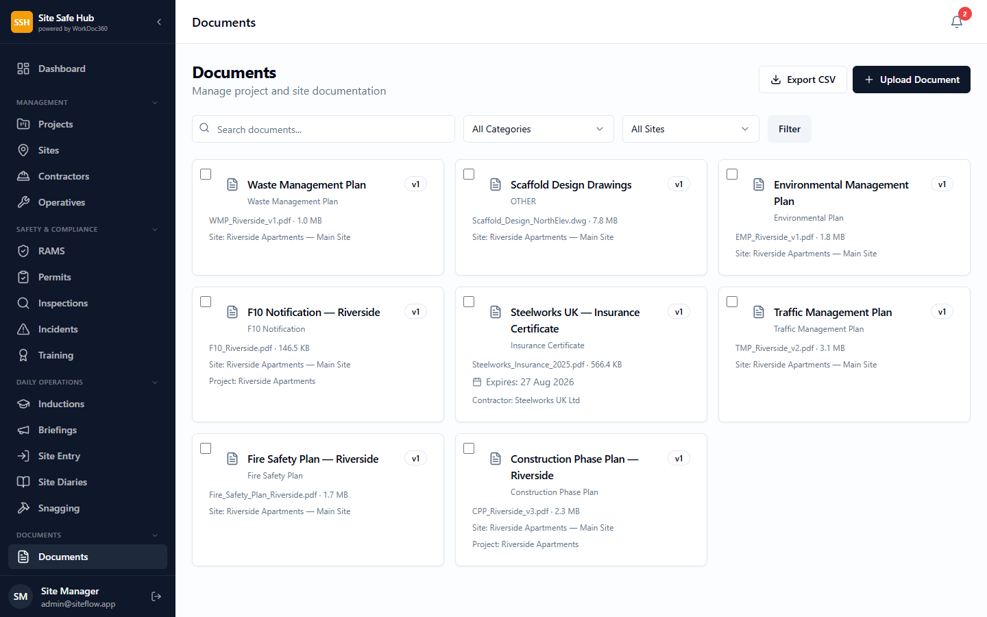 Document library showing uploaded certificates, plans, and compliance documents with expiry tracking