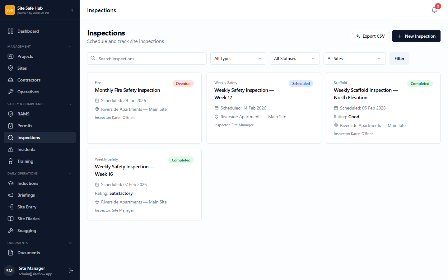 Inspections management showing scheduled and completed inspections with status tracking