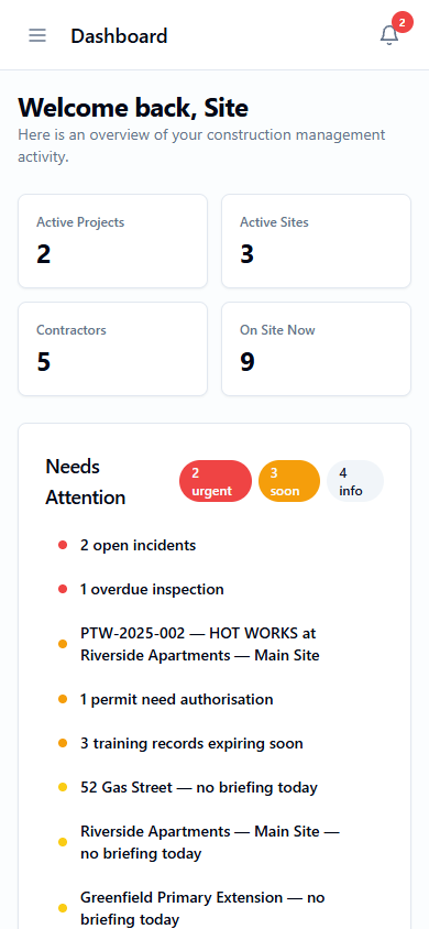 Site Safe Hub mobile app showing dashboard, quick actions, and recent activity on a phone