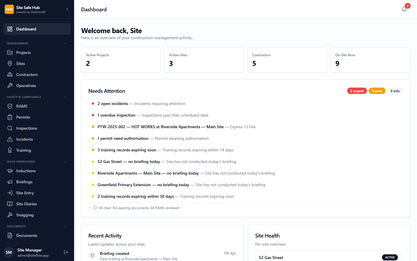 Contractor portal dashboard showing compliance status, assigned sites, and operative list