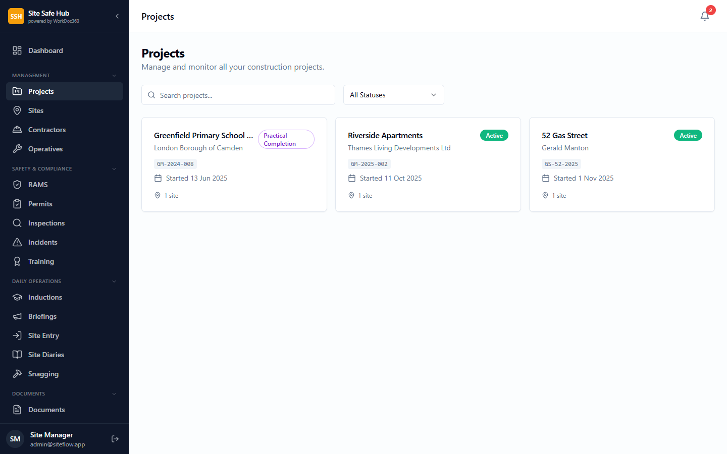 Projects list showing active construction projects with sites and status