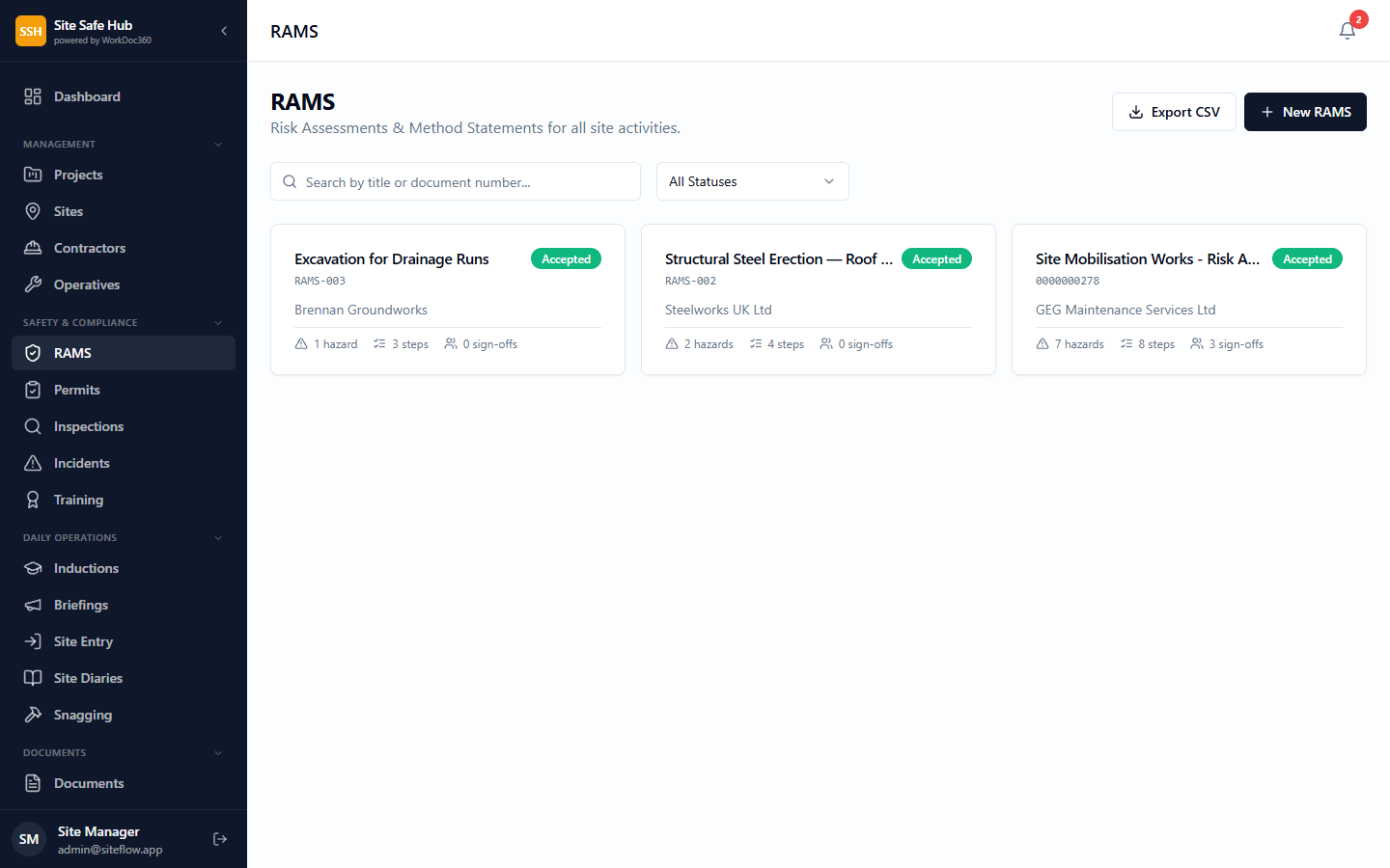 RAMS management showing risk assessments with review status and approval workflow