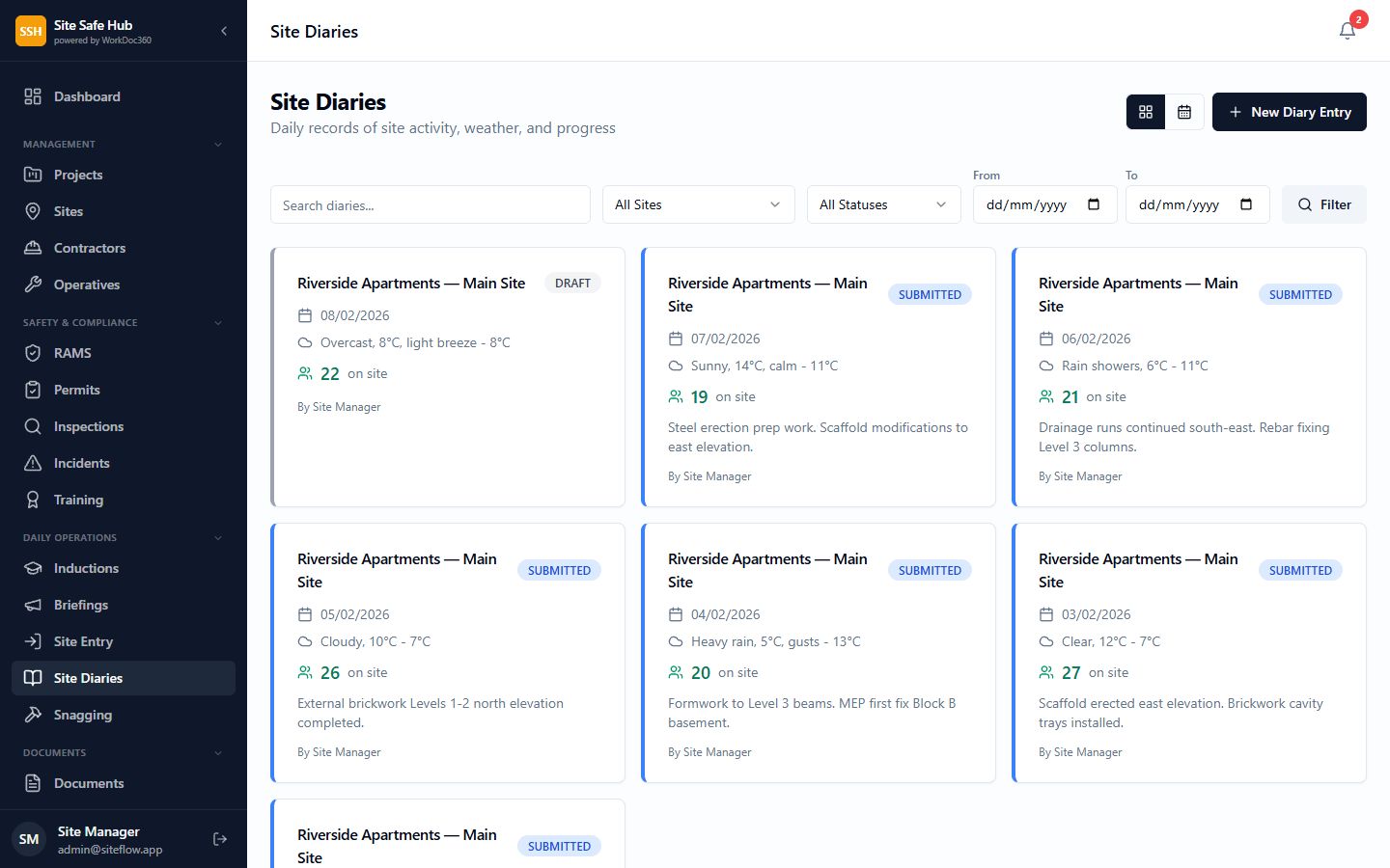 Site diary entries showing daily progress, weather, workforce, and activity logs