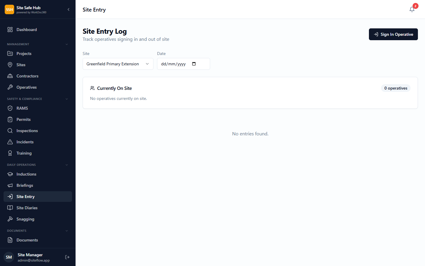 Site entry dashboard showing live occupancy, recent sign-ins, and gate check status