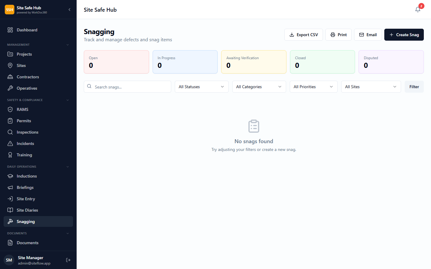 Snag management showing defects with priority, assigned contractor, and resolution status